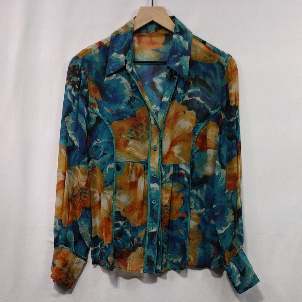 Coldwater Creek Silk Floral Button Shirt Womens L Multicolor Artsy Retro Boho